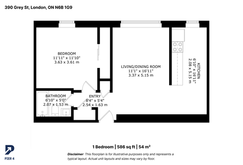 Floor plan for 1 bed, 1 bath, 586 sqft